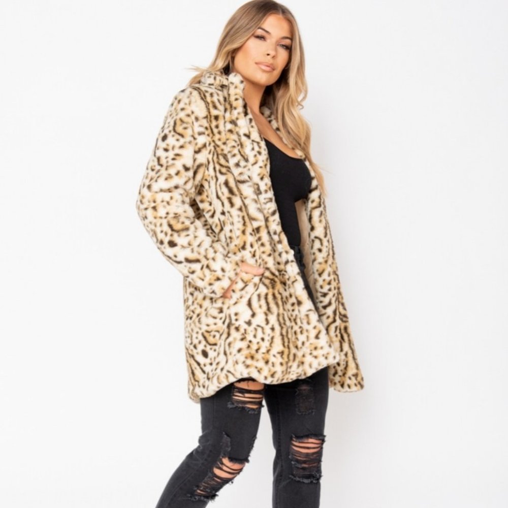 1 DAY SALE! Leopard Print Long Sleeve Faux Fur Coat Jacket - Picture 3 of 9
